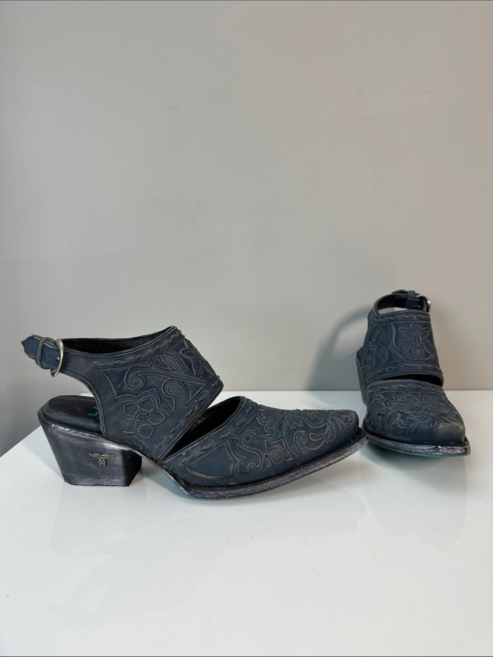 Lane Robin Mule Cowgirl Western Bootie Size 9 Blue Leather Floral Ankle Cowboy